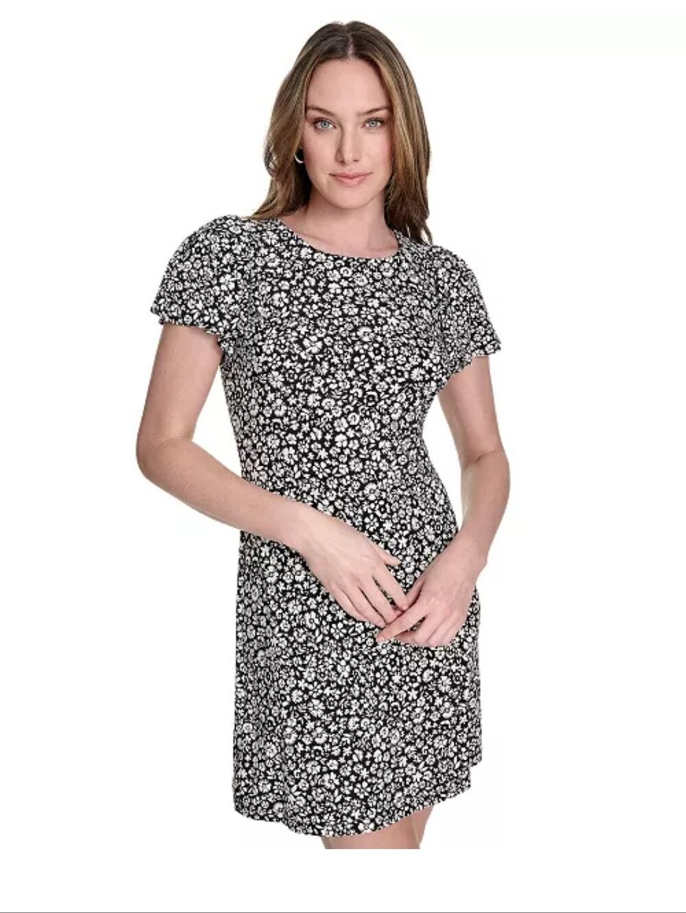 NWT Tommy Hilfiger Black White Floral Flutter Sleeve Sheath Dress Size 14 Party